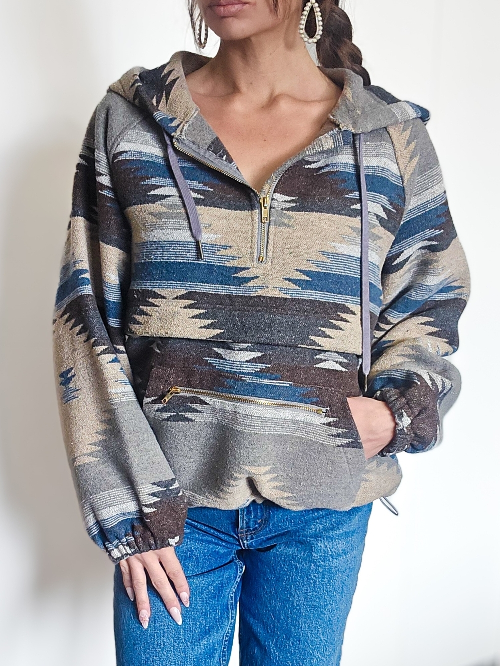 Aztec Southwestern Hoodie Pullover | Boho Western Zip Neck Sweater Size M Baja